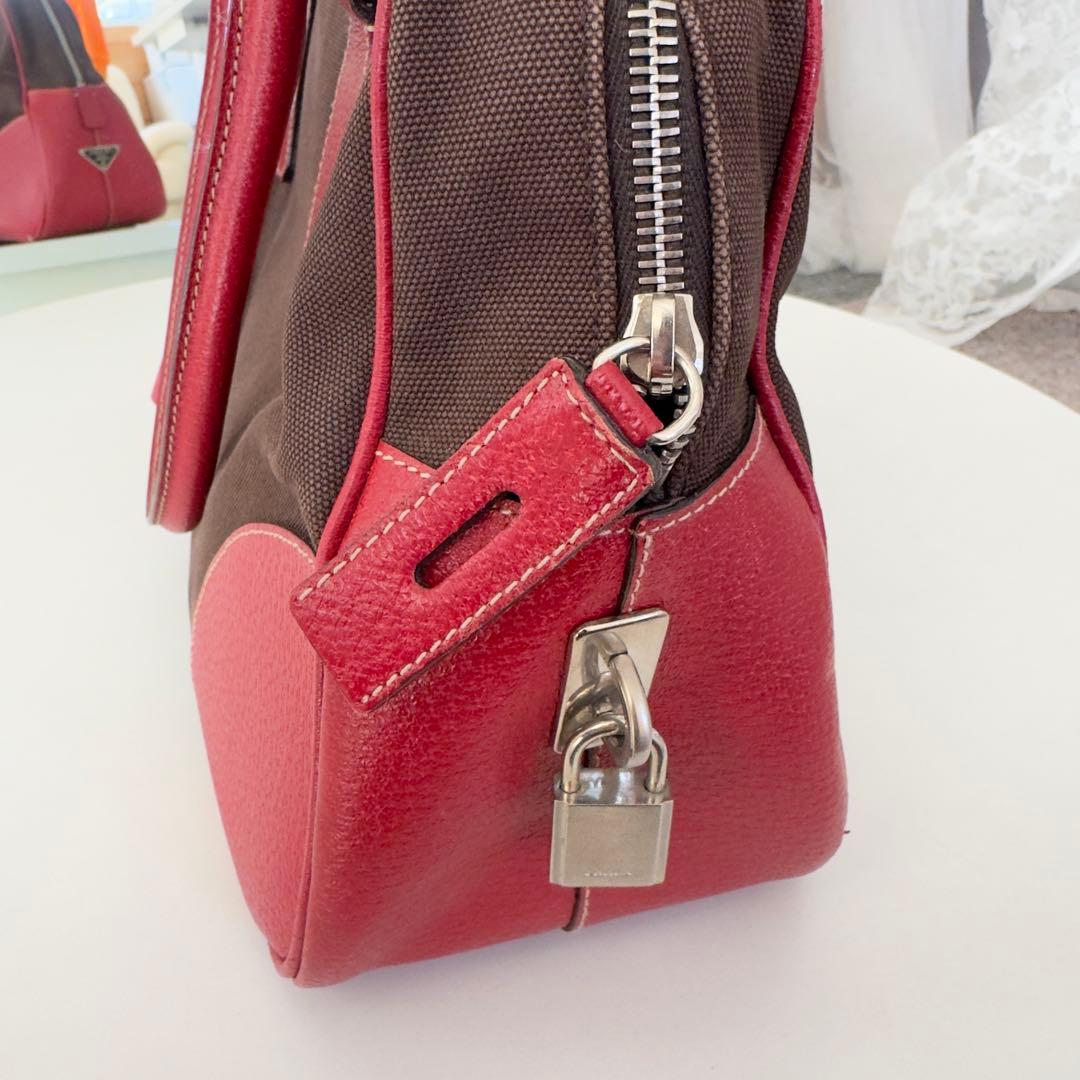 PRADA Handbag Brown Red Canvas Leather with Tag #QY9VU8