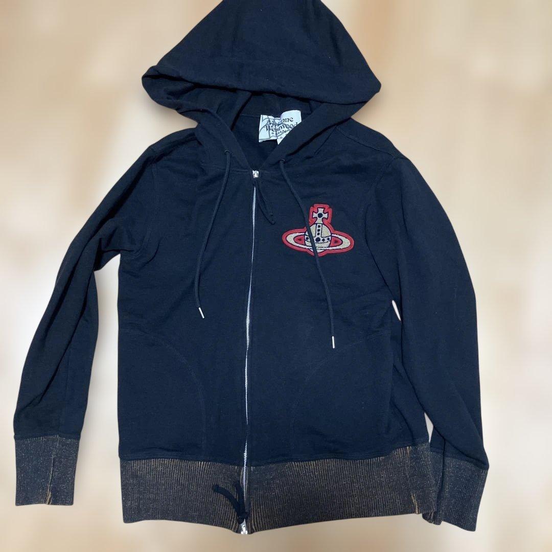 Vivienne Westwood Zip Hoodie with Orb Embroidered Patch, Black, Size 46 #QYF0PB