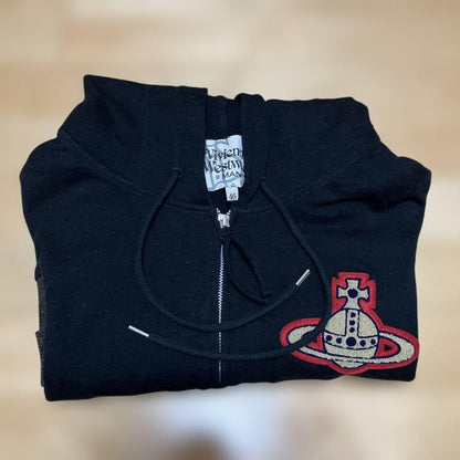 Vivienne Westwood Zip Hoodie with Orb Embroidered Patch, Black, Size 46 #QYF0PB