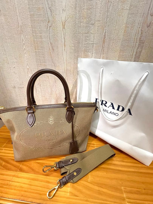 Prada nylon handbag, top, beige. #QYEUPB