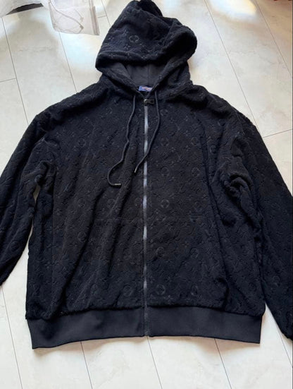 LOUIS VUITTON Monogram Terry Zip-Up Hoodie, Black, Size M #QYG2SM