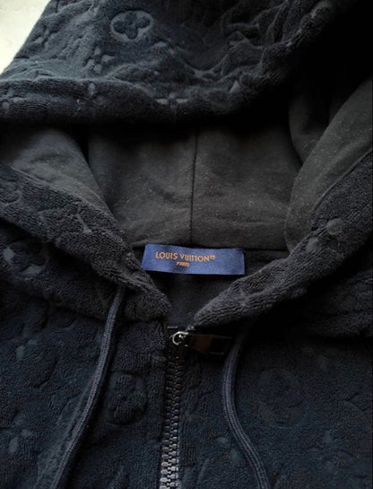 LOUIS VUITTON Monogram Terry Zip-Up Hoodie, Black, Size M #QYG2SM