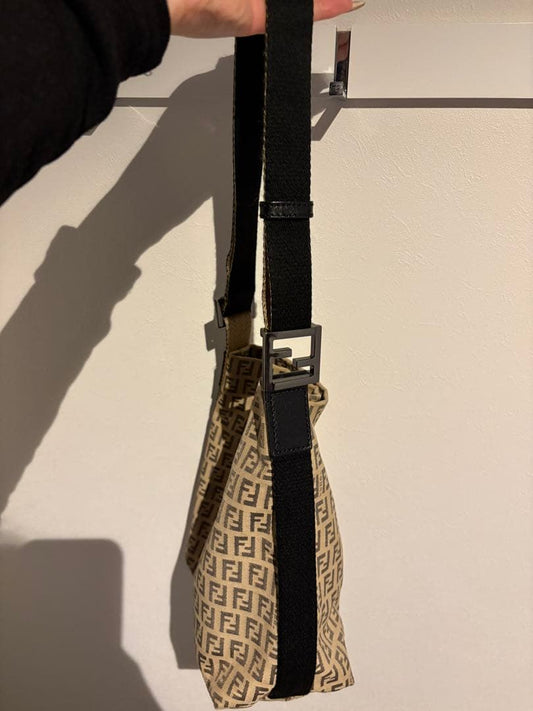 FENDI Zucca Logo Print Vintage Handbag Beige Black 90s 2000s #QY9NK4