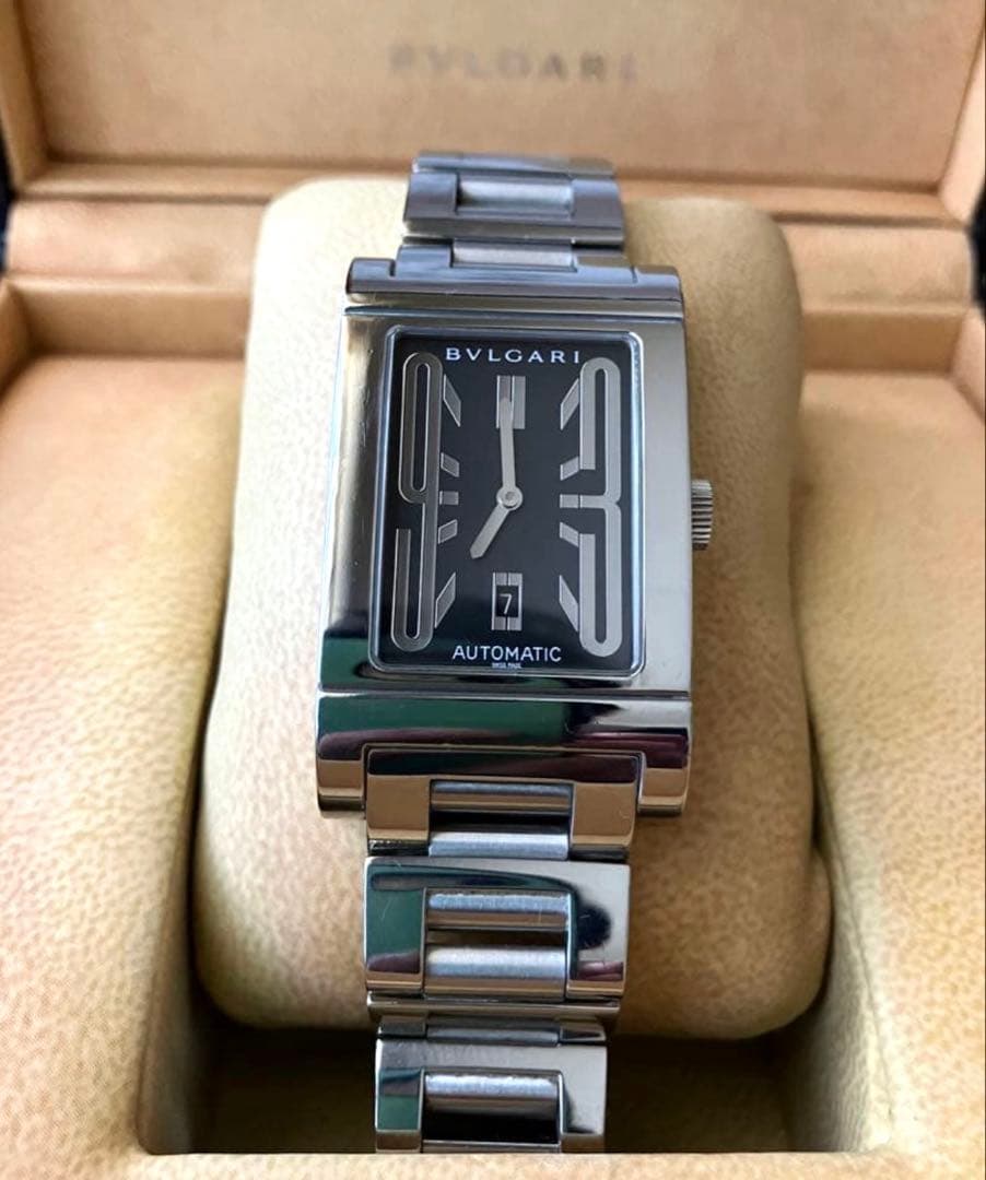 BVLGARI Rettangolo RT45S Auto Black Dial 26x45mm SS Bracelet #QY90TB