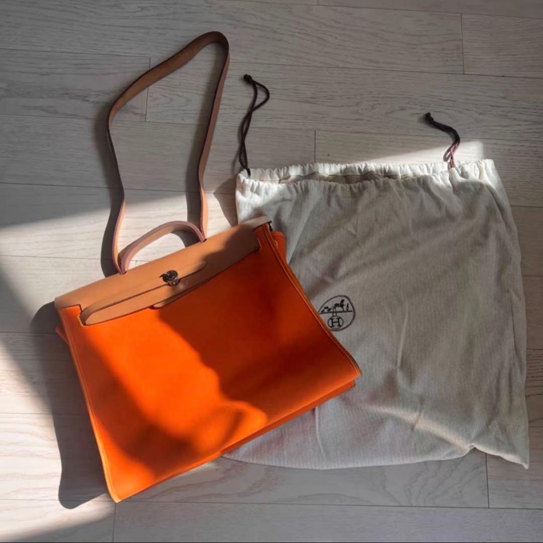 HERMES Flap Handbag Orange Leather Canvas Storage Bag Mint #QYBTQ3
