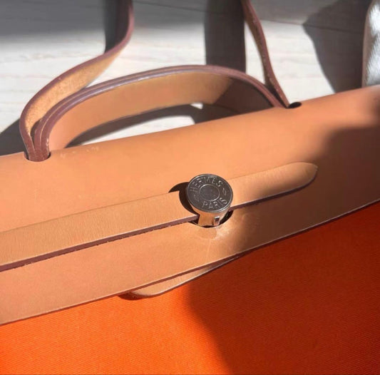 HERMES Flap Handbag Orange Leather Canvas Storage Bag Mint #QYBTQ3
