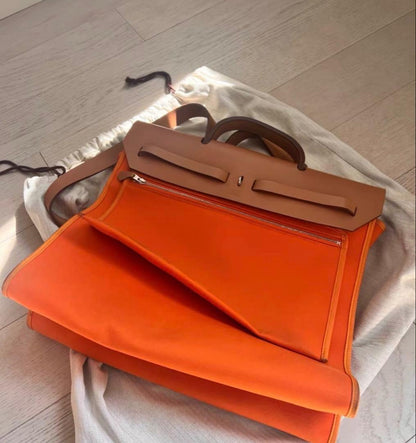 HERMES Flap Handbag Orange Leather Canvas Storage Bag Mint #QYBTQ3