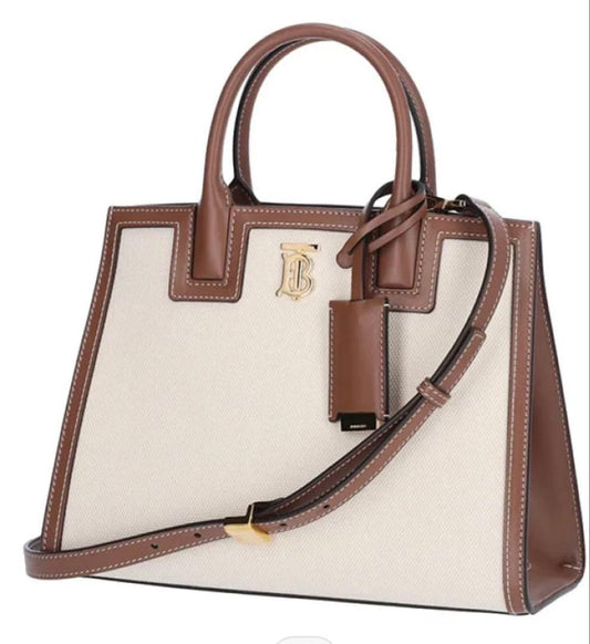 BURBERRY Handbag White Brown Canvas Leather 27x20x11cm Mint #QYL9TR