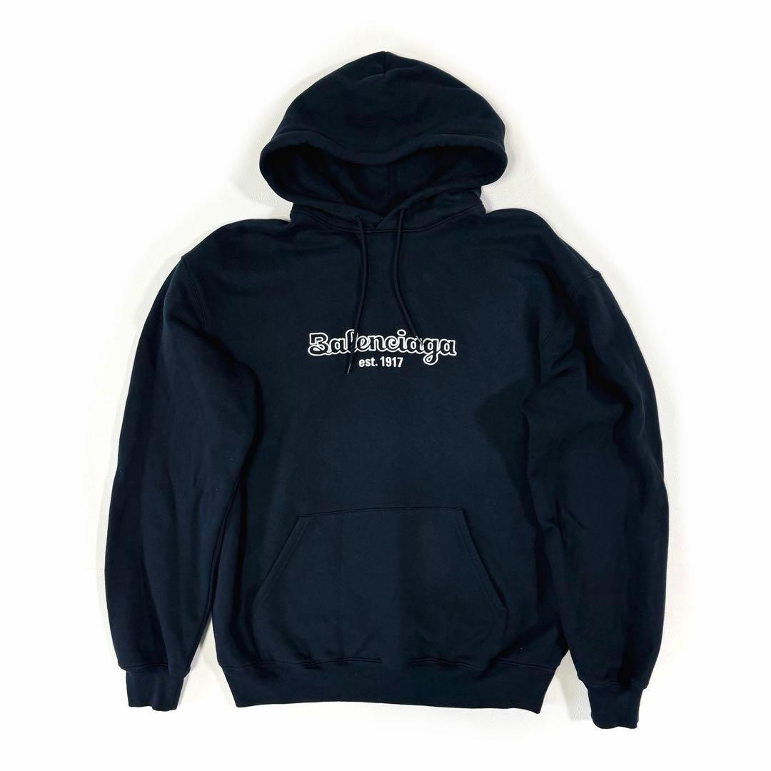 BALENCIAGA Center Logo Hoodie Navy Size S #QY68HI