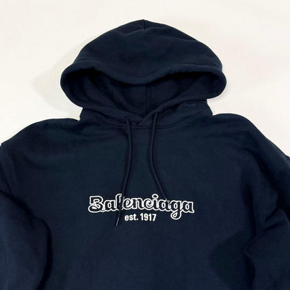 BALENCIAGA Center Logo Hoodie Navy Size S #QY68HI