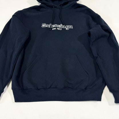 BALENCIAGA Center Logo Hoodie Navy Size S #QY68HI