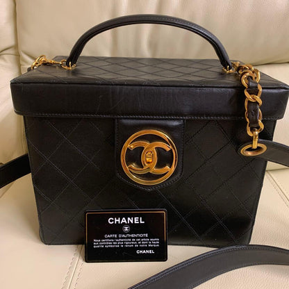 CHANEL handbag, black vanity bag, 2-way bag with mirror Leather #QY61TR