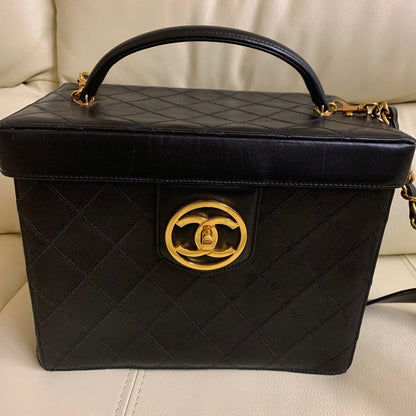CHANEL handbag, black vanity bag, 2-way bag with mirror Leather #QY61TR