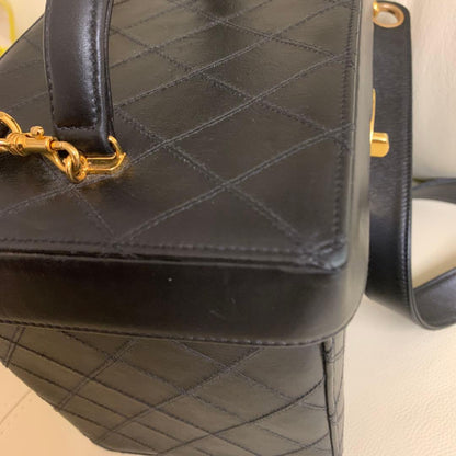 CHANEL handbag, black vanity bag, 2-way bag with mirror Leather #QY61TR