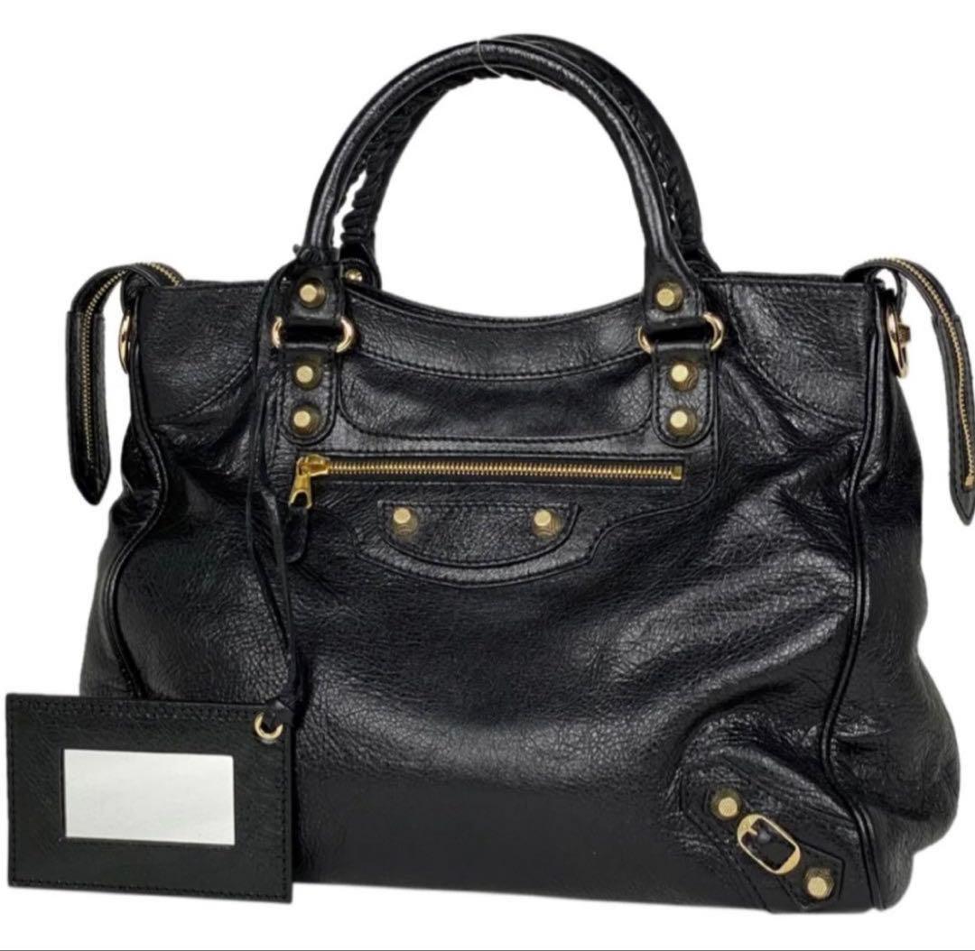BALENCIAGA Giant City Bag Black Gold Hardware Mirror Shoulder Strap Duty #QYJYNB