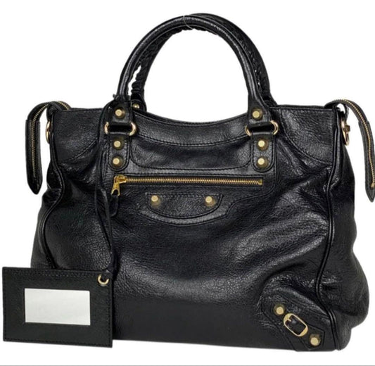 BALENCIAGA Giant City Bag Black Gold Hardware Mirror Shoulder Strap Duty #QYJYNB