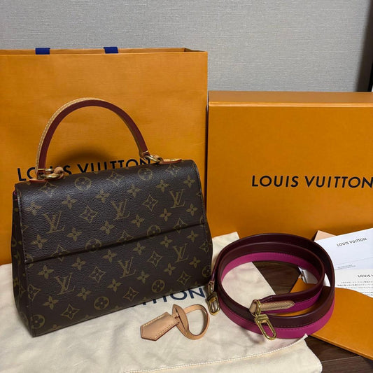 LOUIS VUITTON Cluny BB Monogram Canvas Brown Leather Handbag w/Strap Key #QYFW82