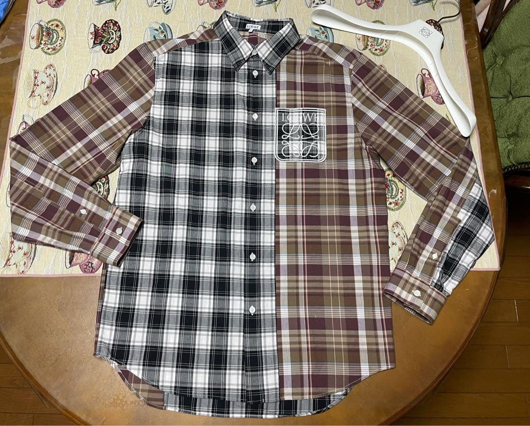 LOEWE Check Long Sleeve Shirt with Anagram Logo Patch and Hanger #QY3FS9