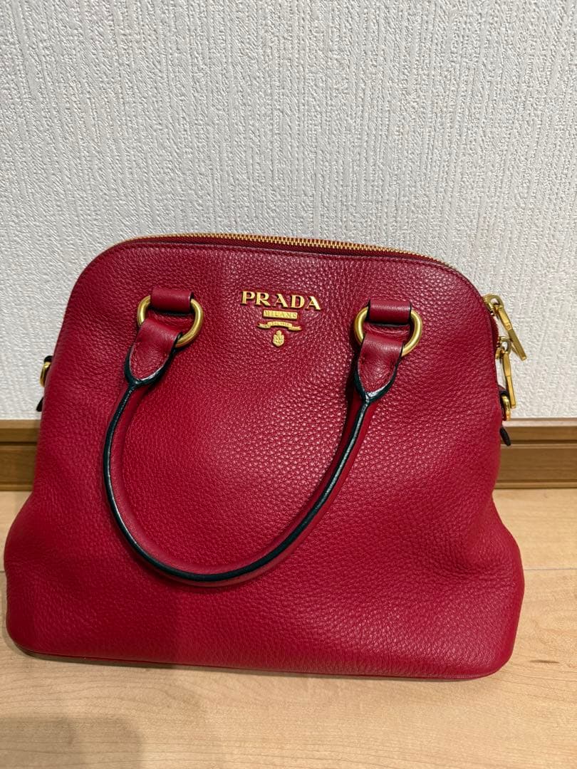PRADA Handbag Red Leather w/Shoulder Strap Convertible 2WAY #QY9NEF