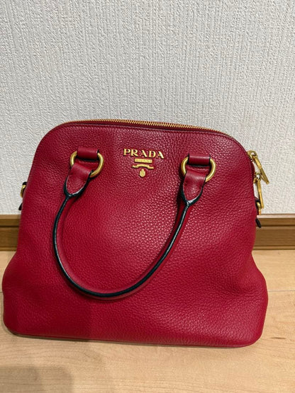 PRADA Handbag Red Leather w/Shoulder Strap Convertible 2WAY #QY9NEF