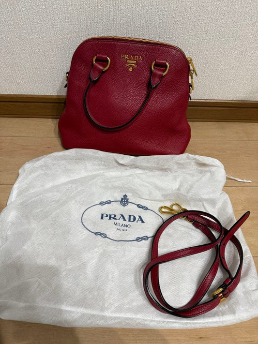 PRADA Handbag Red Leather w/Shoulder Strap Convertible 2WAY #QY9NEF