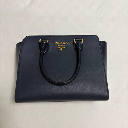 PRADA Saffiano Leather Navy 2Way Handbag Shoulder Gold Hardware #QYC8G9