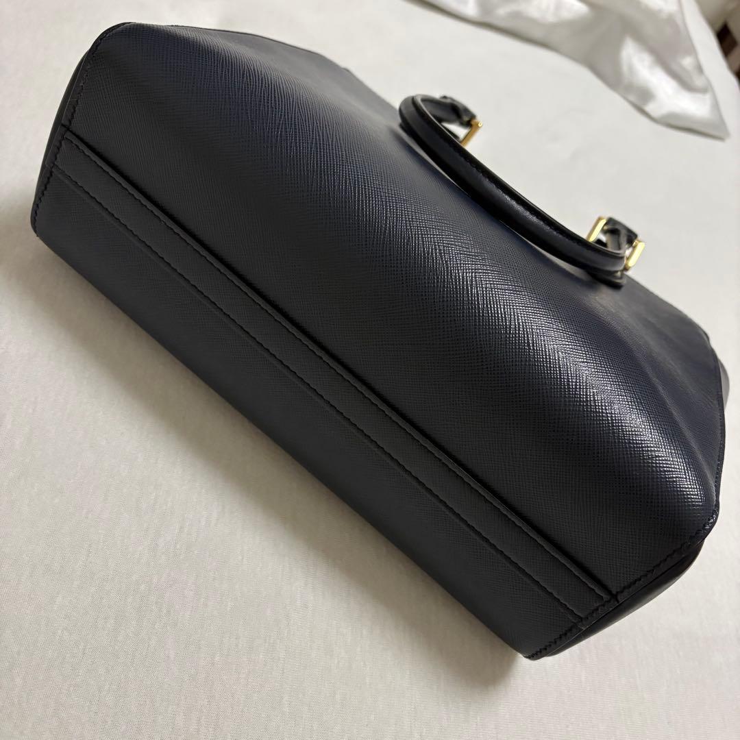 PRADA Saffiano Leather Navy 2Way Handbag Shoulder Gold Hardware #QYC8G9