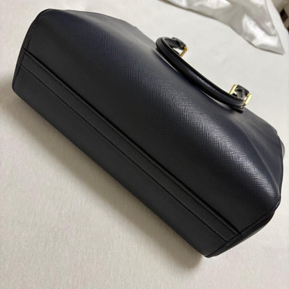 PRADA Saffiano Leather Navy 2Way Handbag Shoulder Gold Hardware #QYC8G9