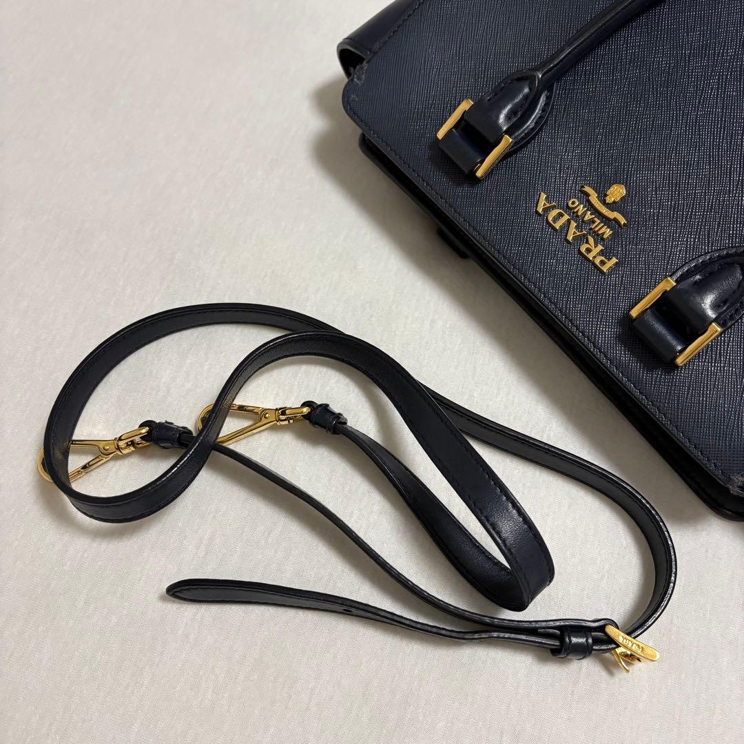 PRADA Saffiano Leather Navy 2Way Handbag Shoulder Gold Hardware #QYC8G9