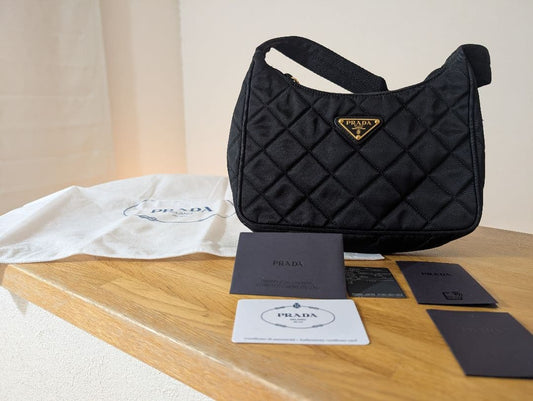 PRADA Quilted Shoulder Bag Black Recycled Nylon Gold Plate Mint #QYKD2M