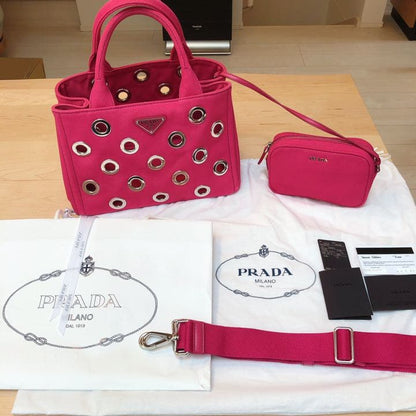 PRADA Canapa Grommet 2-Way Tote Bag Fuxia Pink Canvas Pouch #QYCFP3