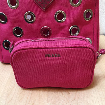 PRADA Canapa Grommet 2-Way Tote Bag Fuxia Pink Canvas Pouch #QYCFP3