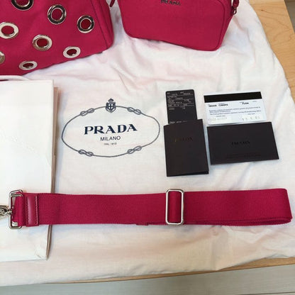 PRADA Canapa Grommet 2-Way Tote Bag Fuxia Pink Canvas Pouch #QYCFP3