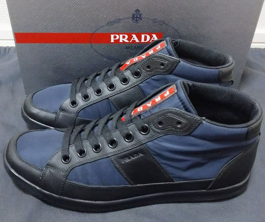 Prada sneakers with logo and red rubber, black and navy, size 27.0cm #PG3NJ4