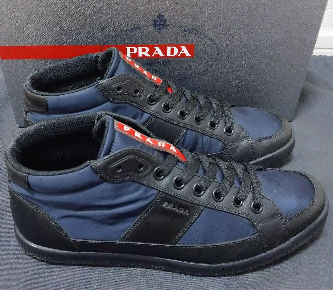Prada sneakers with logo and red rubber, black and navy, size 27.0cm #PG3NJ4