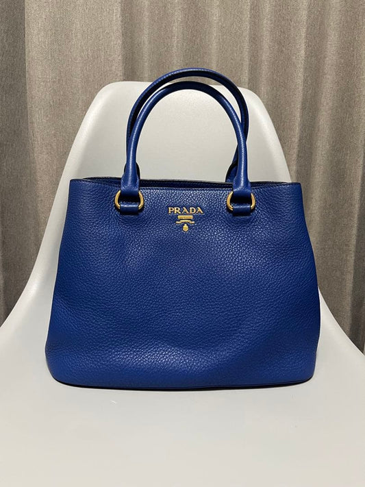 PRADA Vitello Phenix Royal Blue Leather Handbag w/ Strap #QY4INP