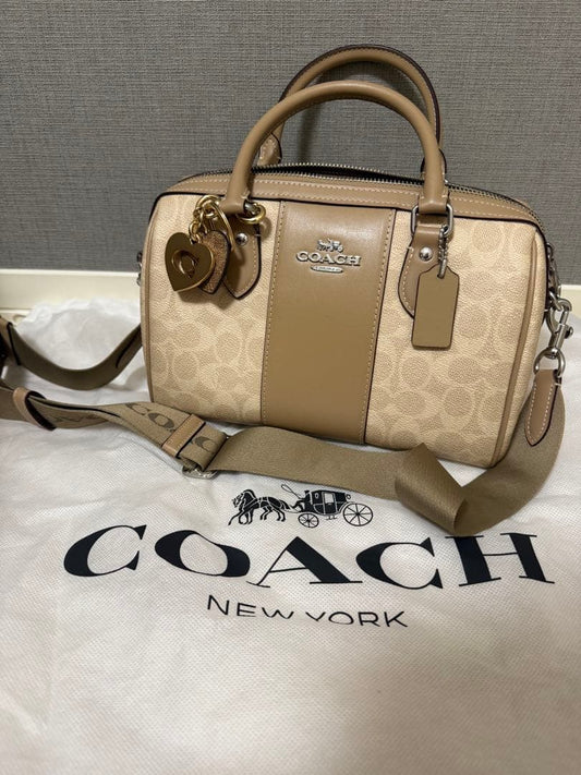 COACH Beige Heart Charm Logo Handbag with Shoulder Strap #QYGBM5