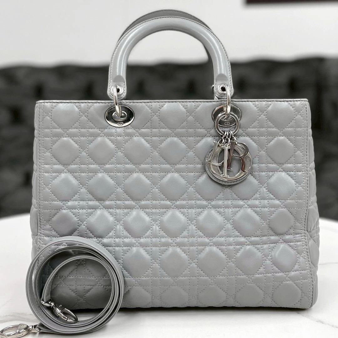 Christian Dior Lady Dior Large Light Gray W32×H24×D12cm Lambskin Leather #QY99N3