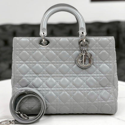 Christian Dior Lady Dior Large Light Gray W32×H24×D12cm Lambskin Leather #QY99N3