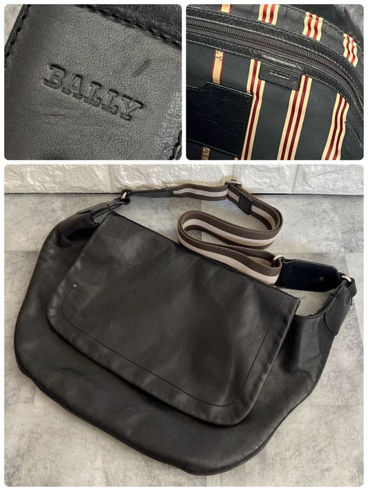 BALLY Genuine Leather Cowhide Shoulder Bag Black A4 W48 H25 #QY1XQE