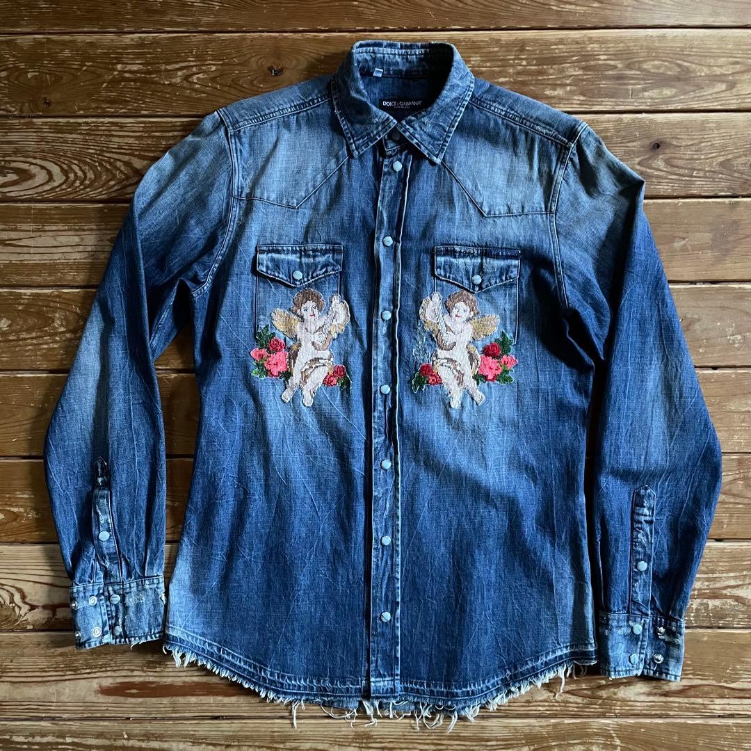Dolce & Gabbana embroidered denim shirt with distressed finish #QYEKW0