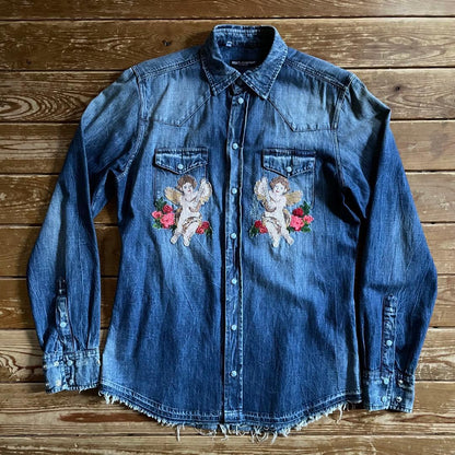 Dolce & Gabbana embroidered denim shirt with distressed finish #QYEKW0