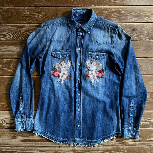 Dolce & Gabbana embroidered denim shirt with distressed finish #QYEKW0