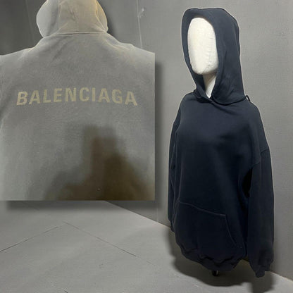 BALENCIAGA Hoodie with Tonal Logo on Back, Black, Size S #QY4ANZ