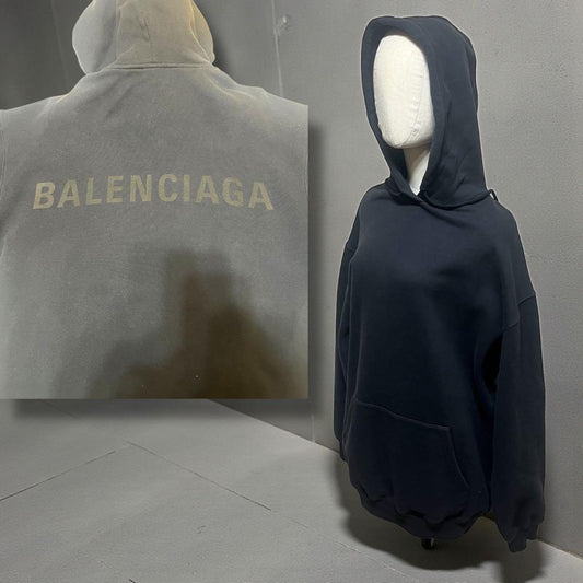 BALENCIAGA Hoodie with Tonal Logo on Back, Black, Size S #QY4ANZ
