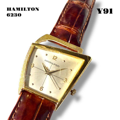 Hamilton Flight 6230 Asymmetric Quartz Gold Leather Strap Vintage #QY9O72