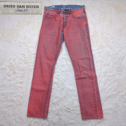 Dries Van Noten bleached denim marble bottoms, orange, size 31 #QO98TY