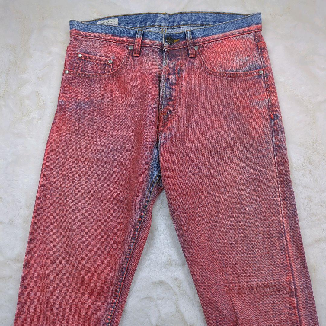 Dries Van Noten bleached denim marble bottoms, orange, size 31 #QO98TY