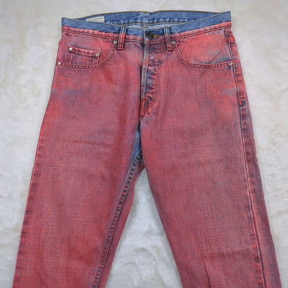 Dries Van Noten bleached denim marble bottoms, orange, size 31 #QO98TY