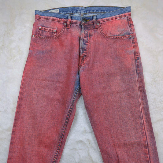 Dries Van Noten bleached denim marble bottoms, orange, size 31 #QO98TY